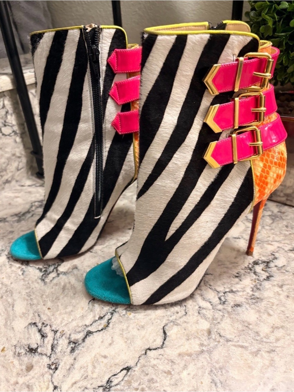 Zebra-Print Peep-Toe Ankle Booties with Hot Pink Buckle Straps